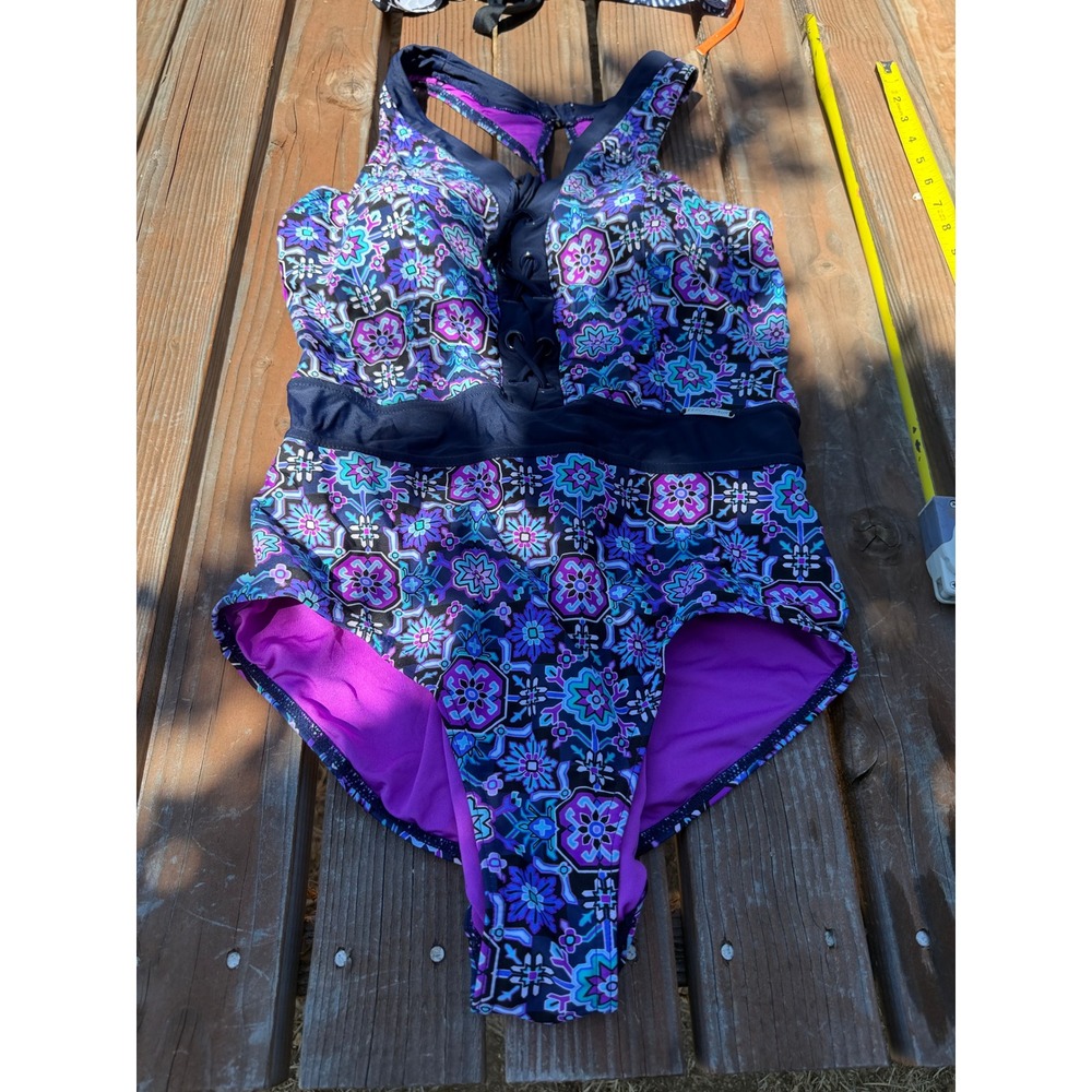 ZeroXposur Womens XL One Piece Swimsuit Purple Blue Floral Medallion Racerback